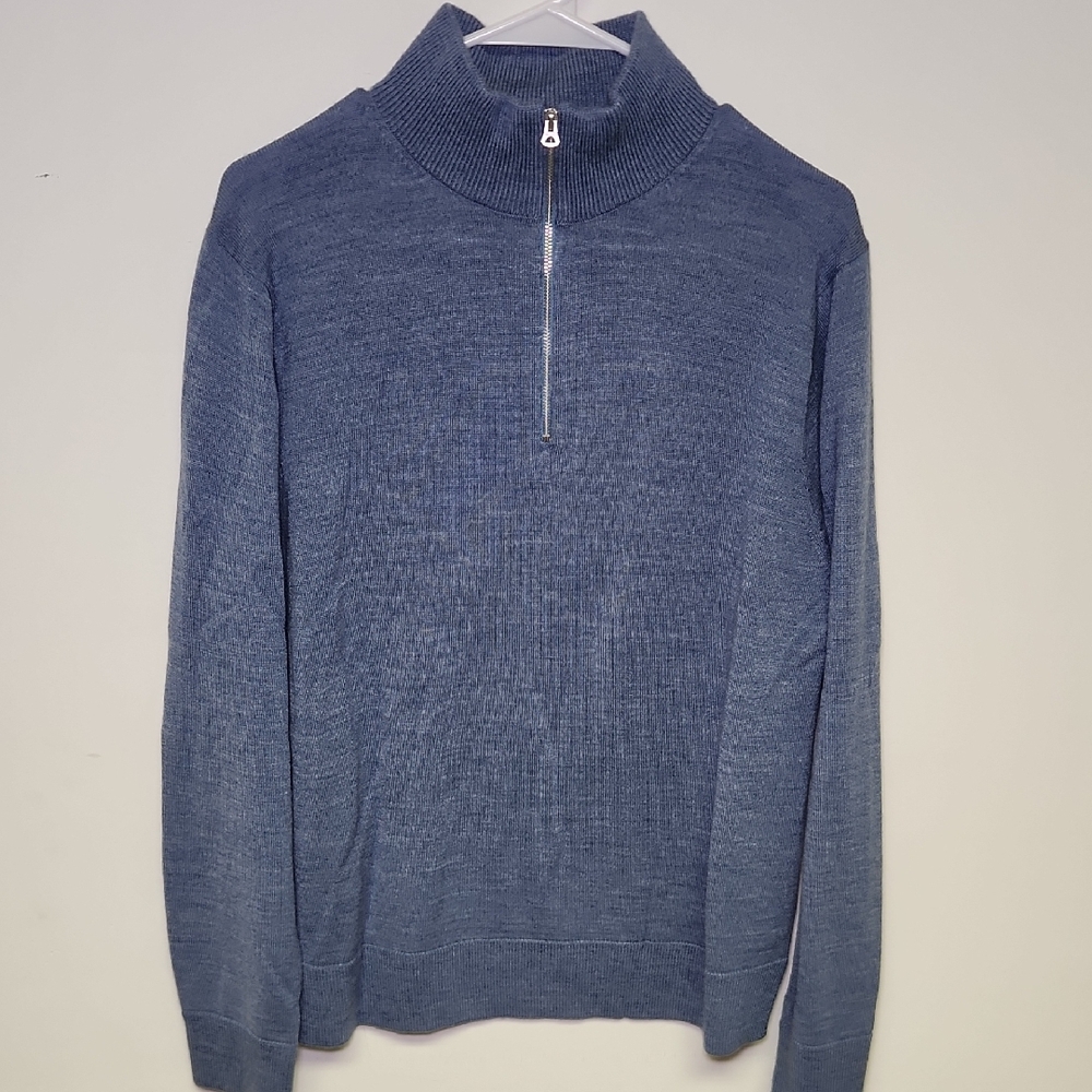 J.Crew Men’s Merino Wool Quarter Zip Sweater – Blue, Size L (Small Flaw)
